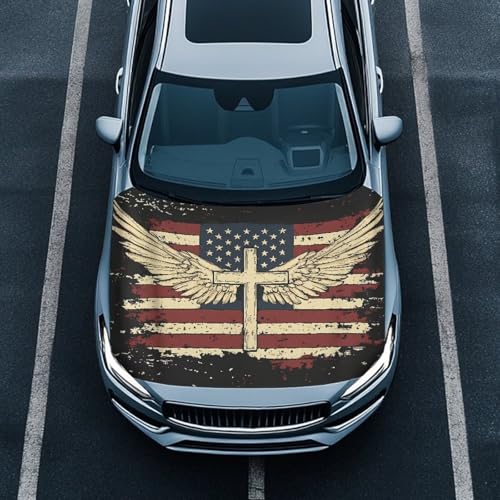 Image of Car Hood Cover Protector Waterproof Stretchable Car Hood Wrap Blanket Auto Patriotic Decorations for Compact Sedans SUV Trucks Pickup (American Flag Cross Wings Design)