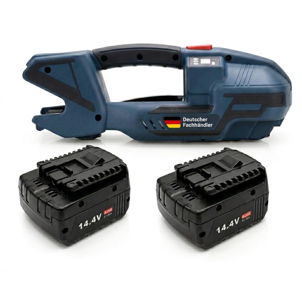V2 Akku Umreifungsgerät für PP & PET Band 13–16 mm – Elektrisches Hand Umreifungsgerät mit 2x 4000 mAh Akku, 3200 N Spannkraft, Halbautomatische Verpackungsmaschine