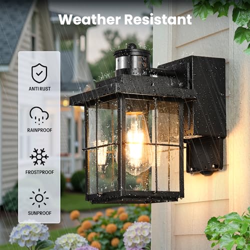 Image of Gleamz Black Porch Light with GFCI Outlet, Outdoor Light Fixture with Outlet, Motion Sensor Outdoor Wall Light, Front Porch Light with Seeded Glass, Exterior Wall Lantern for Garage, Waterproof