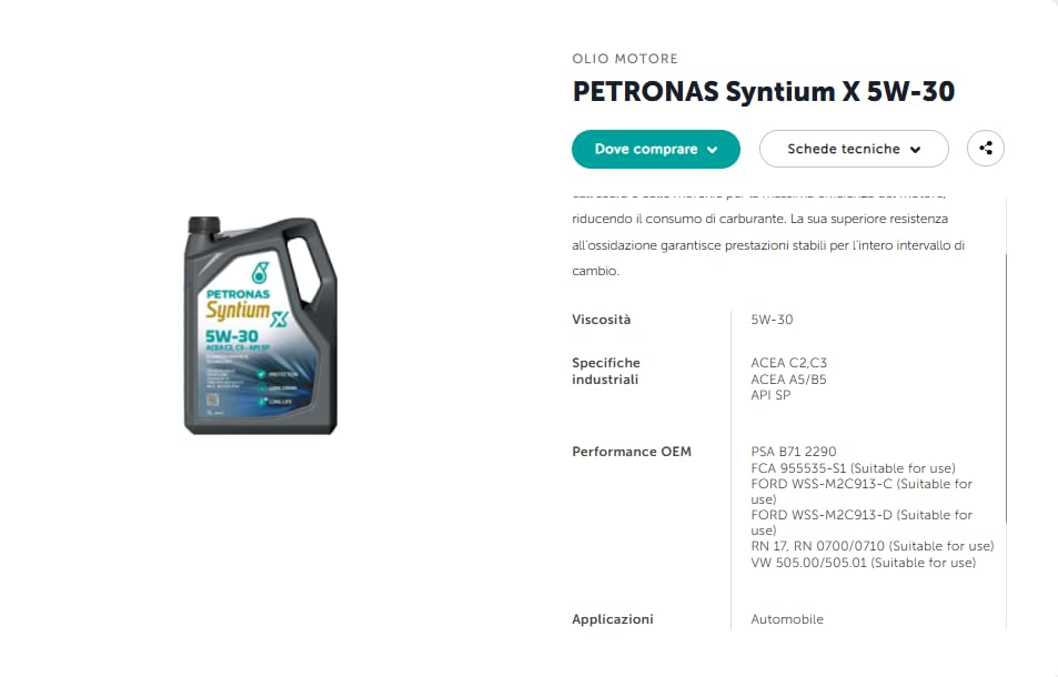 Olio Motore Petronas Syntium X 5w30 ACEA C2/C3 ACEA A5/B5 -API/SN -Per Diesel e Benzina -5 Litri