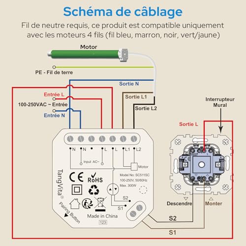 Kit télécommande RF pour volets roulants, sans WiFi, émetteur et récepteur préassociés, portée 30m, compatible volets et stores – vue 5
