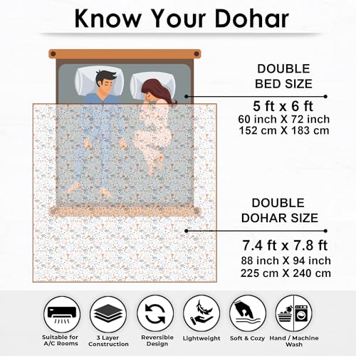 Image of Story@Home Dohar Double Bed Cotton 100% | 150GSM 225 x240 cm Quilt AC Blanket for Summer | AC Comforter Double Bed | Grey & Yellow, Floral Reversible Design Duvet | All-Season Blanket