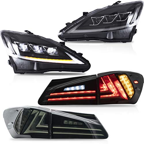 VLAND Headlights and Tail Lights Fit for IS250 IS350 IS 220d 2006-2012(Rear lights not for IS250C 350C/Convertible) Full LED Clear Headlamp with Smoked Tail Lamp