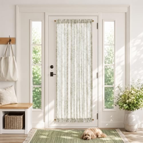 Image of jinchan Alice Floral French Door Curtain Farmhouse Linen for Sliding Glass Door 72 Inches 1 Panel with Tieback Light Filtering Curtain for Window Patio Rod Pocket Green on Linen