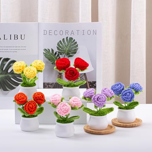 MAIBAOTA Pink Roses Crochet Flowers Knitted Handmade Flower Potted Plants Bouquet Artificial Faux Flowers Home Office Desk Decor Decorations Valentine's Day Gifts for Women - Image 6