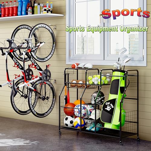 Sonyabecca Golf Bag Storage Rack - Fits 2 Golf Bags, Garage Sports Equipment Organizer With Baskets thumb #1