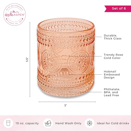 Hobnail Beaded Floral Rose Gold Drinking Glasses Set of 6, (10 oz) Vintage Glassware Set by Kate Aspen| Cocktail Glass Set, Juice Glass, Water Cups | Great Hostess Gift & Gift for New Home Owners by Kate Aspen - Image 6