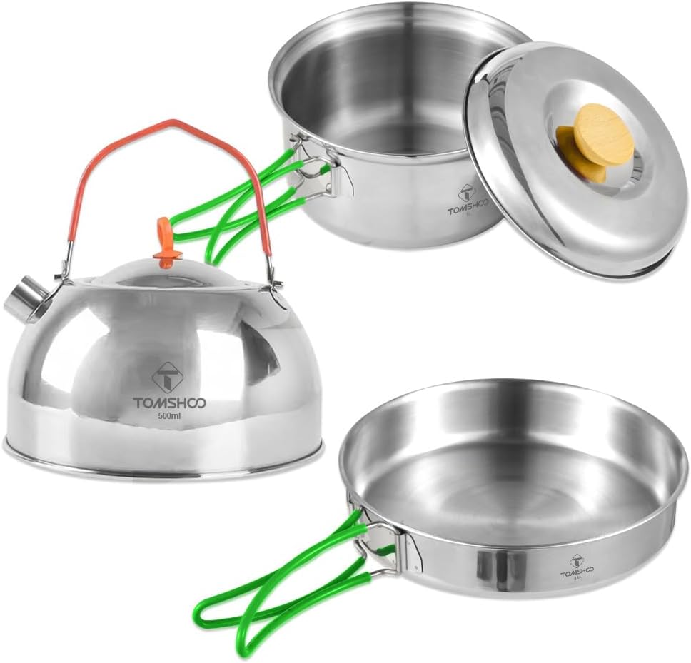 304 Stainless Steel Camping Cookware Set, 1L Pot 0.5L Pan 500ml Kettle with Wooden Handles, Lightweight Portable for Outdoor Cooking