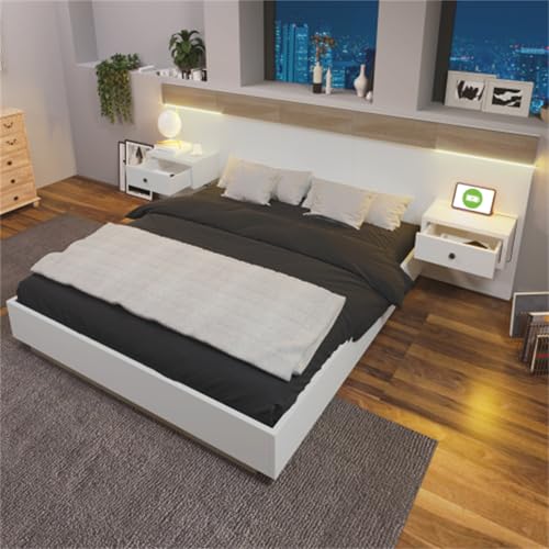Cama Madera con Cabecero De Estructura De Cama Y Somier Cama Doble King Size para Adultos Jóvenes Cama Flotante Cama Familiar para Dormitorio Cama De Invitados Blanco 180x200 con 2 Mesitas Noche LED