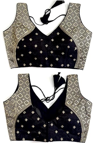 Vihu Fashion Women's Sequin Embroidered V Neck Sleeveless Saree Blouse Indian Ethnic Designer Stitched Readymade Saree Blouse Black Sleeveless Padded Readymade Blouse For Women
