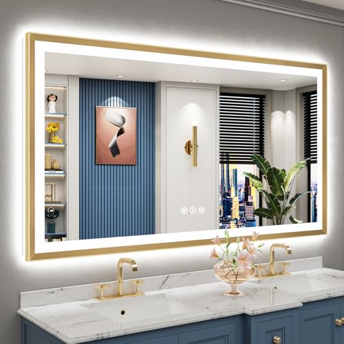 Image of 66x36 Gold Beveled LED Bathroom Mirror Backlit & Front Lit Anti-Fog | Brushed Gold Framed, Anti-Fog Lighted Vanity Mirror, Dimmable, 3-Color Light, Memory, CRI95, HD Tempered Glass, UL Listed