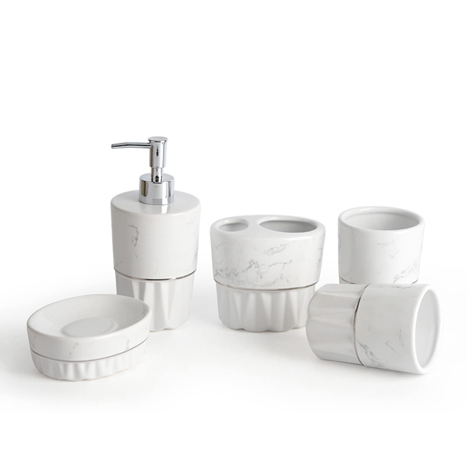 Juego De Dispensador De Jabón para Baño, Juego De Accesorios para Encimera De Baño con Diseño De Mármol De 5 Piezas con Dispensador De Jabón, Porta Cepillo De Dientes-Blanco