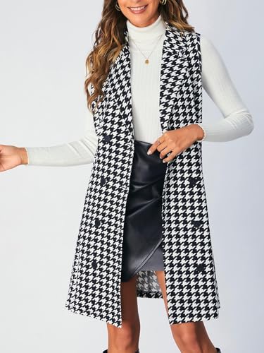 SOLY HUX Women's Plaid Houndstooth Print Blazer Long Vest Top Sleeveless Cardigan Jacket3