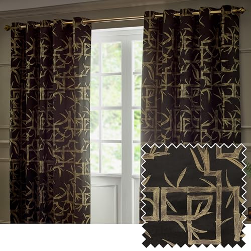 Image of Paoletti Bamboo Eyelet Curtain Pair – Lined Room Darkening Geometric Jacquard Luxury Curtains (Black - 229x183cm)