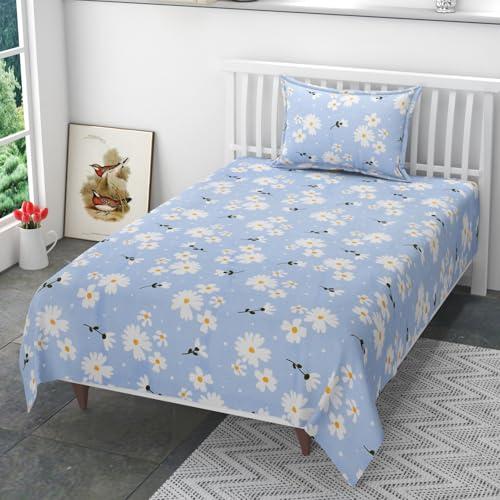 Image of 200 TC 100% Polycotton Printed Supersoft Bedsheet for Single Bed with 1 King Size Pillow Covers Soft /Breathable Wrinkel Free -60x90 Inches -Aqua