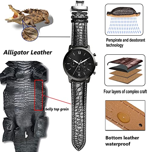 Image of Moran Genuine Leather Band Alligator and Cowhide Replacement Deployment Buckle Watch strap18mm to 24mm Crocodile Leather Strap for Men's and Women's