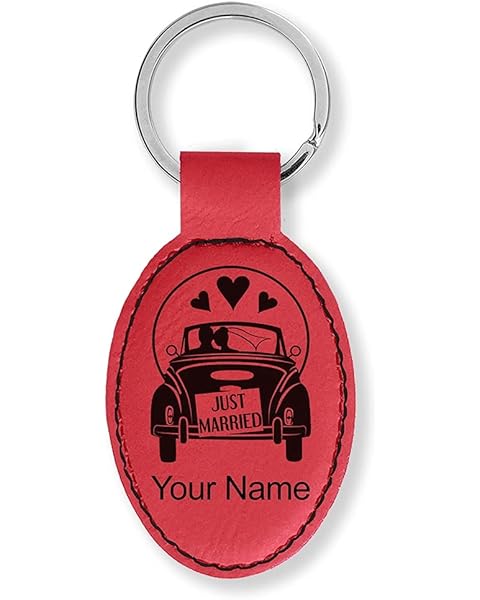 LaserGram Oval Keychain, Just Married, Personalized Engraving Included