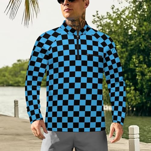 Black and Blue Checkered Men's Rash Guard Long Sleeves Quick Dry Fishing Workout Shirts with Zipper2