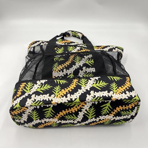 Mesh Beach Tote Bag with Tropical Floral Print, Black with Orange and White Flowers, Large Capacity4