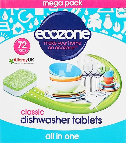 EcoZone Classic All-In-One Dishwasher Tablets Effective Cleaning Formula Cuts Through Grease & Grime Natural Vegan & Non Toxic Tabs Plant Based Plastic-Free Leaves No Residue (Box of 72 Capsules)