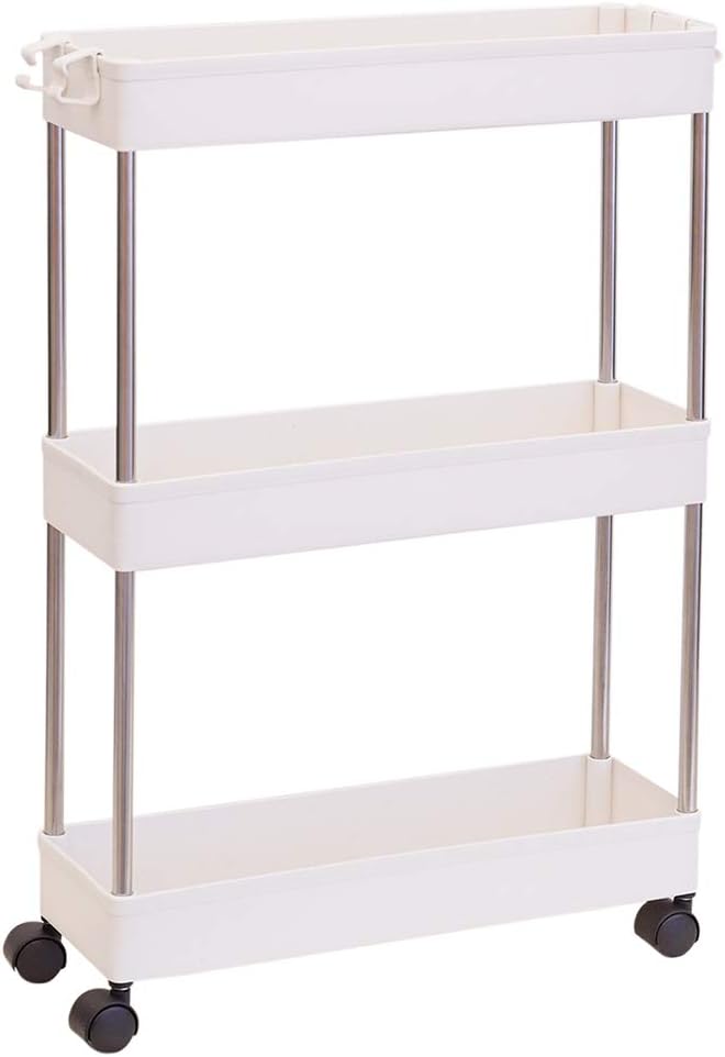 TAPBULL Storage Cart 3-Tier Slim Mobile Shelving Unit Rolling Bathroom Carts for Kitchen Bathroom Laundry Room Narrow Places, Plastic & Stainless Steel (White)