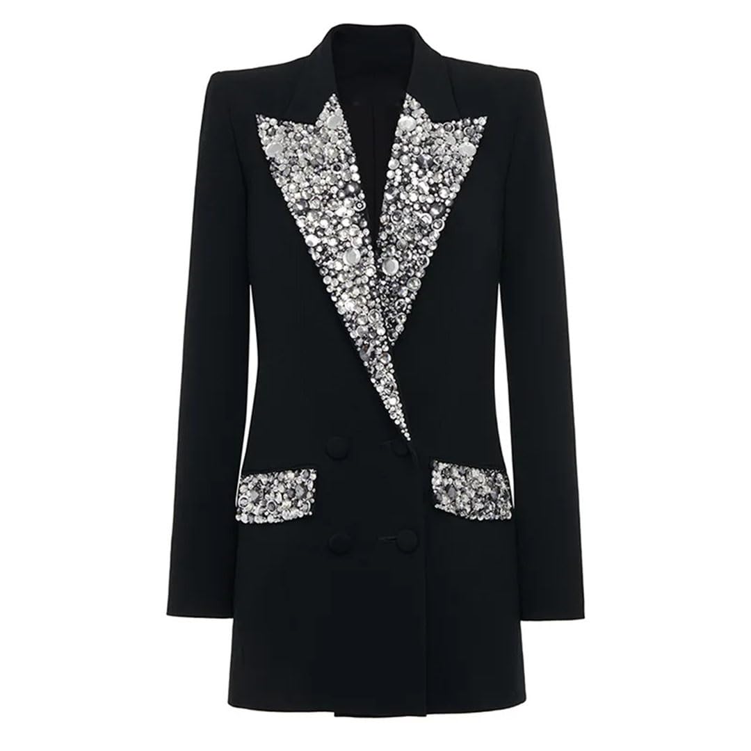 Glänzender Damen-Mantel mit Strasssteinen, gekerbt, zweireihig, langärmelig, einfarbiger Blazer