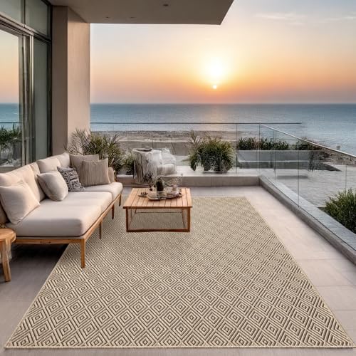 the carpet Kansas - robust indoor and outdoor carpet in natural jute look, weatherproof, suitable for patio and garden, rhombus, approx. 120 x 170 cm