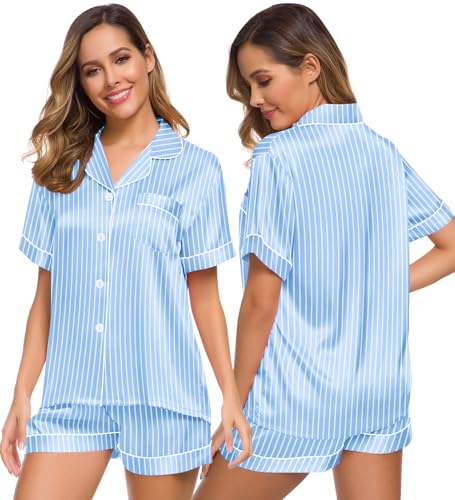 Image of SWOMOG Womens Silk Satin Pajamas Set Short Sleeve Sleepwear Button Down Top and Shorts Loungewear 2 Piece Pjs Set XS-3XL Striped Blue X-Large
