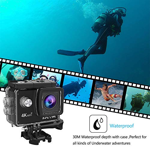 OUYAWEI Action Câmera subaquática Ultra HD à prova d'água, kit de câmera grande angular preta
