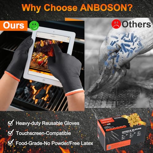 ANBOSON BBQ Gloves Disposable-Heat Resistant Cooking & Grilling Gloves Set (100 Black Nitrile, 4 Cotton Liners)-10Mil Heavy Duty Meat Handling Smoker Accessories for Hot Food Prep,Non-Slip Grip,Large by ANBOSON - Image 8