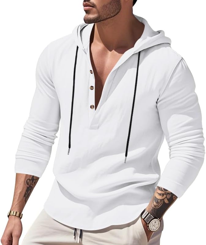 Mens Cotton Linen Hoodies Long Sleeve Button Down Shirts Casual Hawaiian Beach Yoga Sweatshirts - Image 2