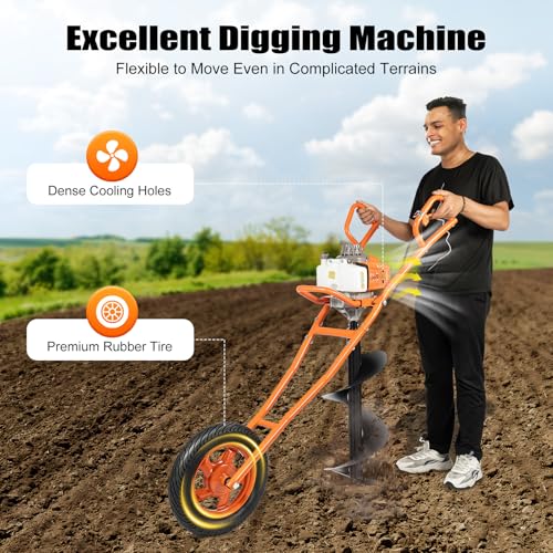 63CC Post Hole Digger 2-Stroke 3HP Gas Powered Auger Post Hole Digger,Large Fuel Tank Ground Drill Wheelbarrow,Fence Ground Drill,Earth Auger With Bit,It Can Be Installed 60-300mm Bit
