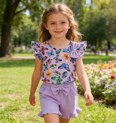 Image of Barlver Girls 2 Piece Short Set Baby Girl Summer Clothes Ruffle Sleeve T-Shirt and Bow Knot Shorts Toddler Girl Outfit Set