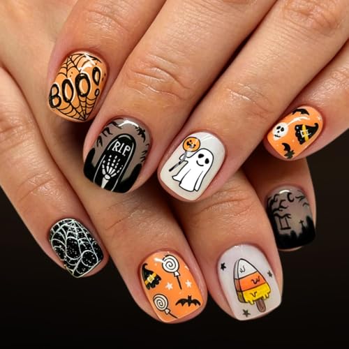 Halloween Press on Nails Short Square Ghost Spider Web Fake Nails...
