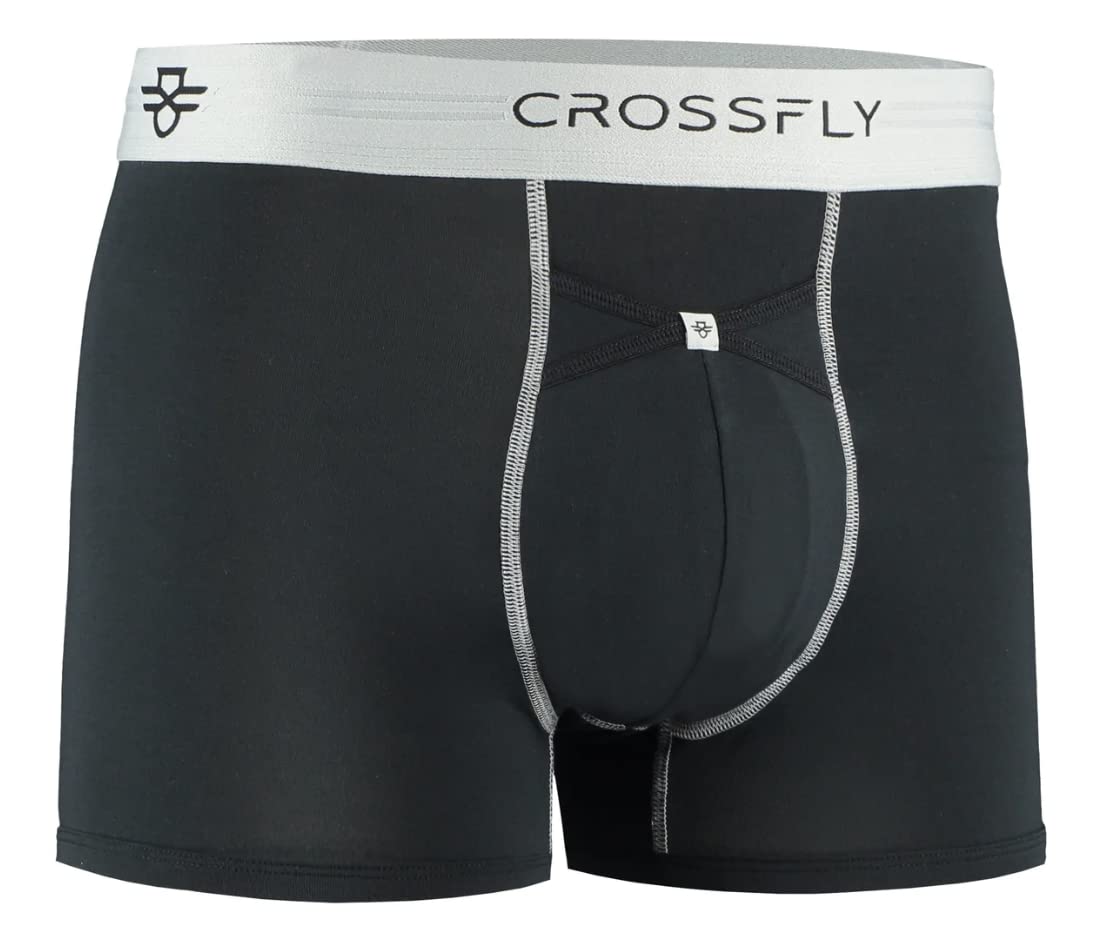 Crossfly IKON X Men’s Underwear 3" Trunk Boxer Briefs, 24 Hour Comfort and Innovative Access, No Chafe, Breathable and Soft Black/Silver