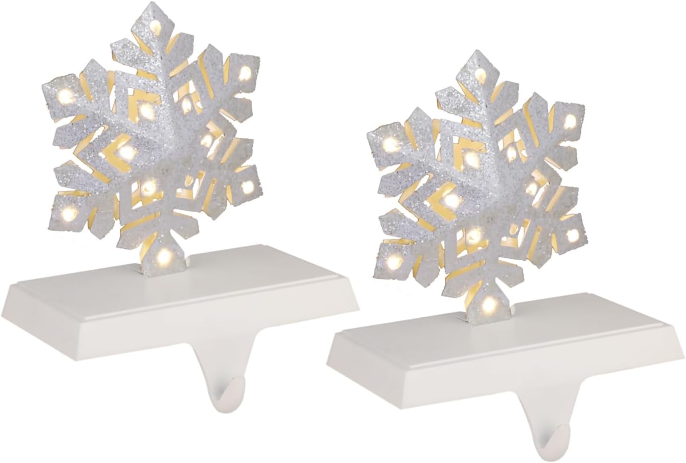 2PCS White LED Snowflake Stocking Holder Xmas Stocking Hanger for Mantel Lighted Farmhouse Christmas Stocking Holder for Fireplace Mantle Heavy Tropical Stocking Hooks for Mantle (W-Snowflake,2)