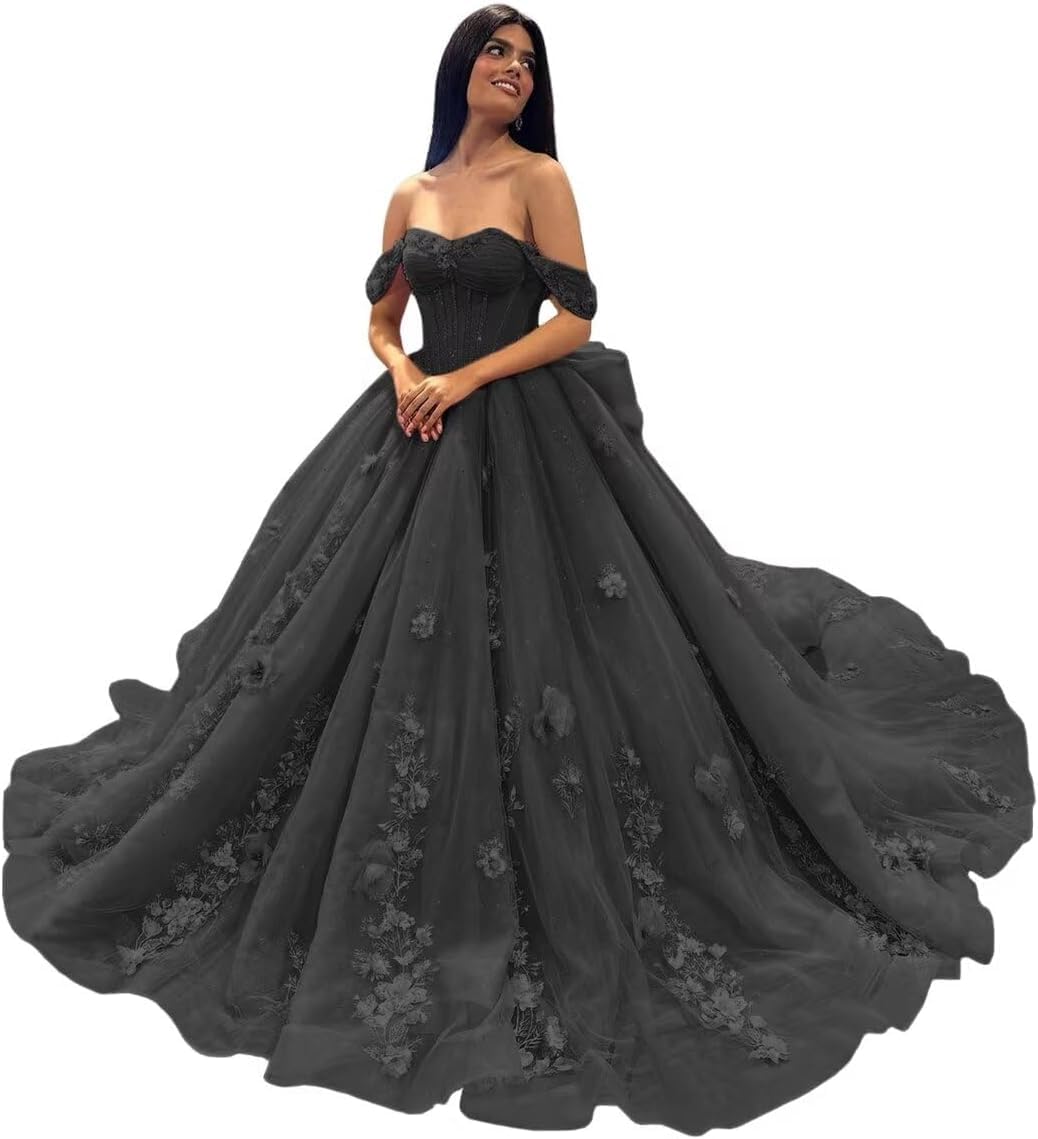 Fuomomo Off Shoulder Quinceanera Dresses Ball Gowns for 15 16 Year Old Quinceanera Evening Gowns with lace Appliques MT033 Black