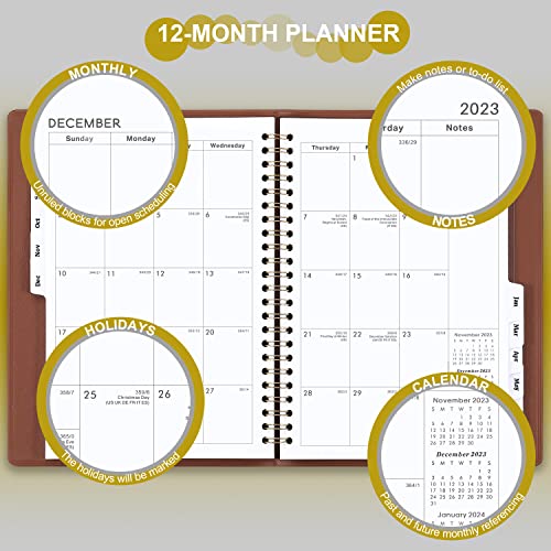 Planner 2023-2024 - Jul.2023 - Jun.2024, 2023-2024 Planner, Academic Planner 2023-2024, 2023-2024 Planner Weekly & Monthly With Tabs, 6.5" X 8.7", Soft Leather Cover With Back Pocket + Thick Paper With Marked Holidays + Twin-Wire Binding - Brown #TOP2