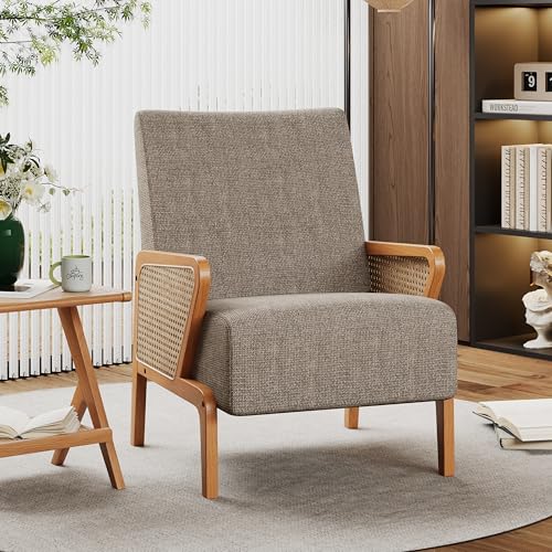 Alunaune Upholstered Natural Rattan Living Room Chairs Accent Chair Armchair, Modern Fabric Slipper...