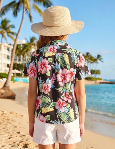 Image of Noomelfish Girls Tie Front Hawaiian Shirt Summer Floral Tropic Short Sleeve Button Down Tops (5-14 Years)