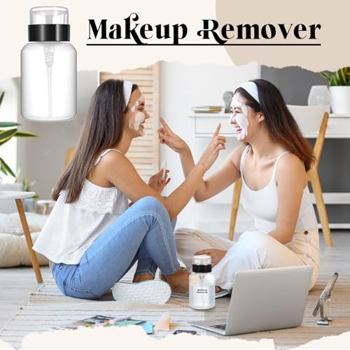 Layhit 3 Pack 6.8 oz (200ml) Push Down Lockable Pump Dispenser Bottle with Stickers, Alcohol Push Down Empty Refillable Container for Nail Polish Remover, Alcohol & Makeup Remover (Black Top Cap)3