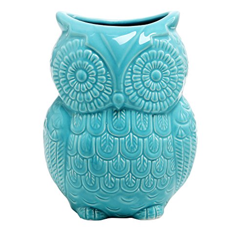 MyGift Aqua Blue Owl Shaped Ceramic Kitchen Crock Utensil Holder, 8 Inch Multipurpose Storage Jar Vase Canister, Art Brush Holder