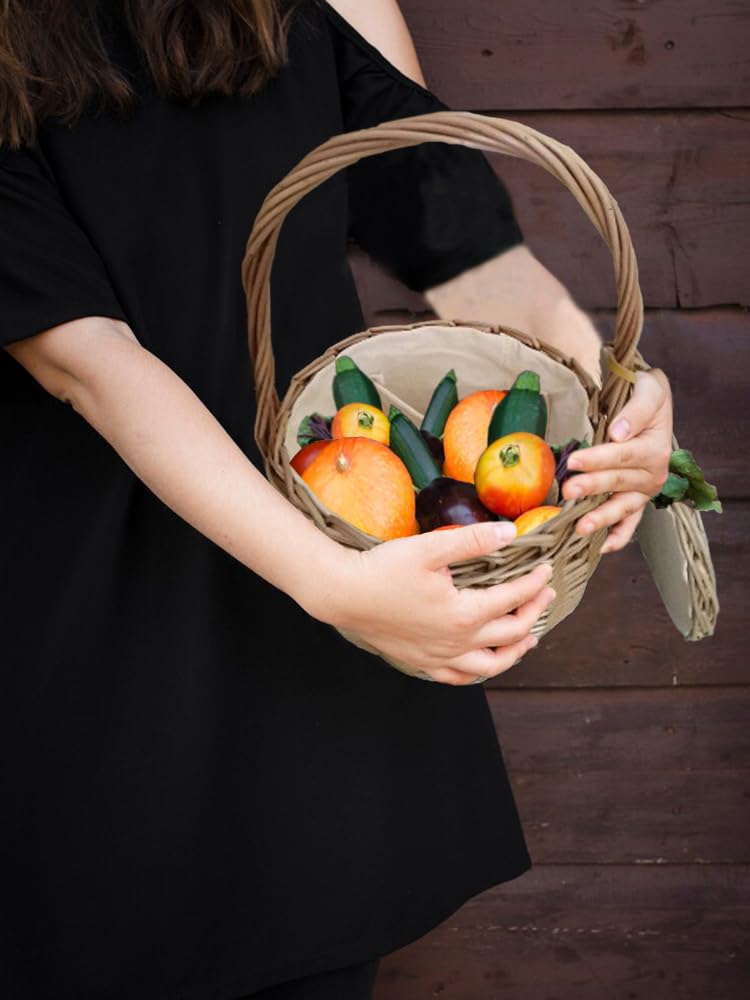 Cestino in Vimini con Manico e Coperchio, Cestino per la Raccolta Intrecciato a Mano con Fodera in Stoffa, Cestino Portaoggetti Portatile in Rattan, Cestino Multiuso in Rattan per la Spesa, Raccolta,