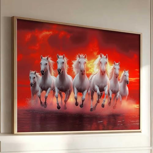 Image of HOTHOUSE 7 Horses Vastu Frame Wall Art Painting for Living Room Bedroom Office Home Decor | Seven Running Vastu Lucky Horse Rising Sun Painting Wall Decor Size (19X25 inch)