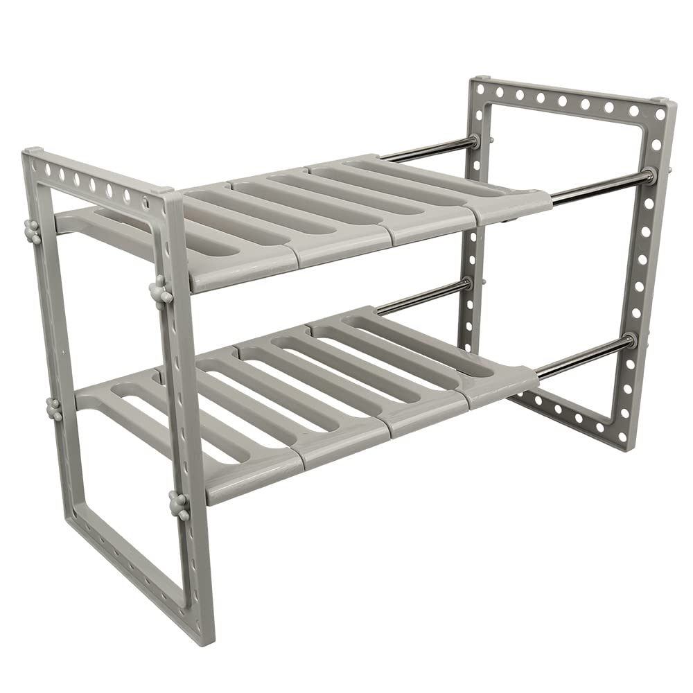 Scaffale Sottolavello Stoviglie– Stoviglie Ripiano PP rack estensibile organizzatore sotto il lavello scaffale espandibile di stoccaggio, 2 livelli, per cucina, bagno-38-70*26*38 cm (grigio)