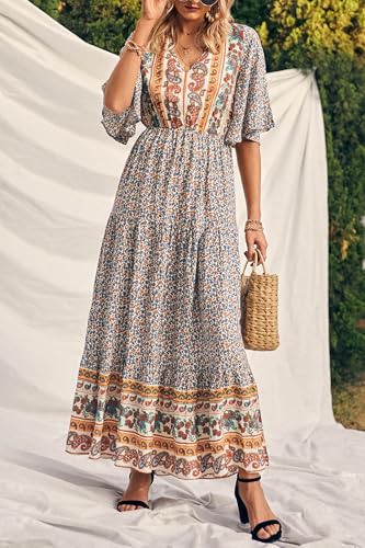 Image of PRETTYGARDEN Women's Casual Summer Boho Floral Print Dress V Neck Short Sleeve High Waist Long Maxi Beach Dresses