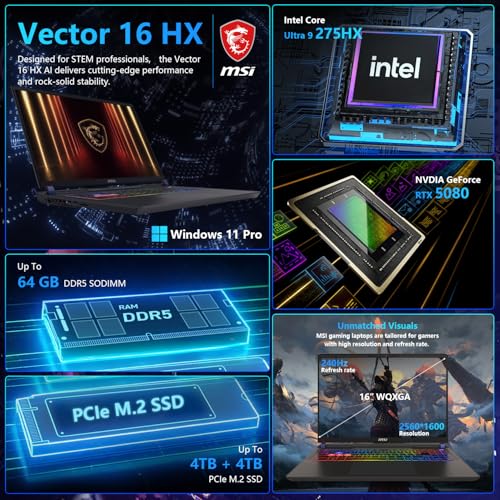 Image of msi Vector 16 inch HX RTX 5080 QHD+ 240Hz Intel Ultra 9 275HX AI Gaming Laptop