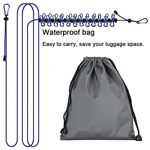 Travel Clothesline,4M/13Ft Portable Retractable Adjustable Clothes Line Rope With 1 Waterproof Bag, 12 Clothespins, 13 Anti-Skid Clips For Outdoor And Indoor(Blue) #TOP2