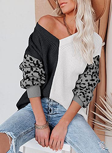 Image of ANCAPELION Women's V Neck Sweater Pullover Leopard Long Sleeve Basic Color Block Jumper Casual Knitted Tops