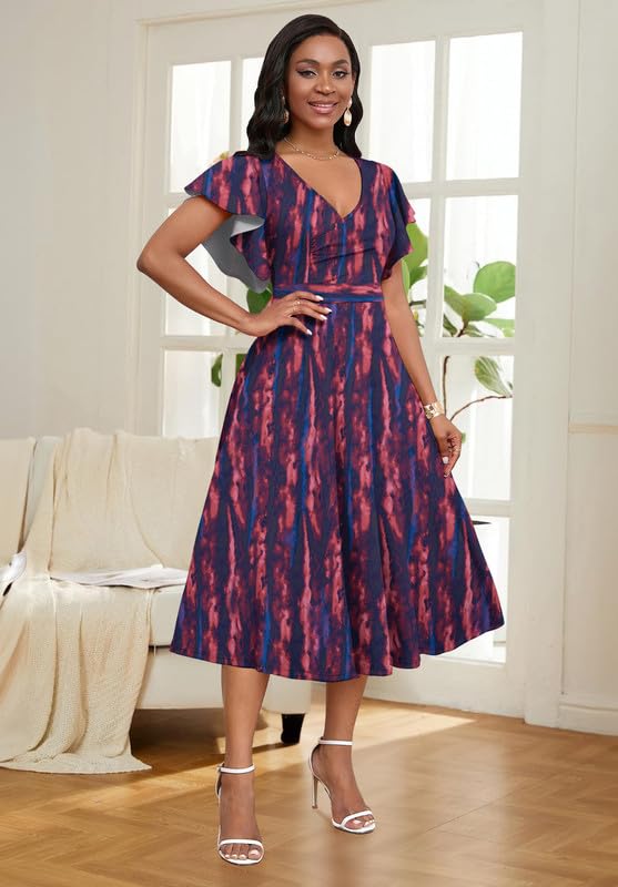 Image of MarryUP Women's Cocktail Midi Dress Elegant V Neck Ruffle Short Sleeve Wrap Wedding Guest Semi Formal A Line Dress